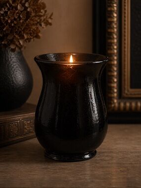 Set of 2 Black Onyx Crackle Glass Candle Holders 5.5” | Moody Glow Small Pillar